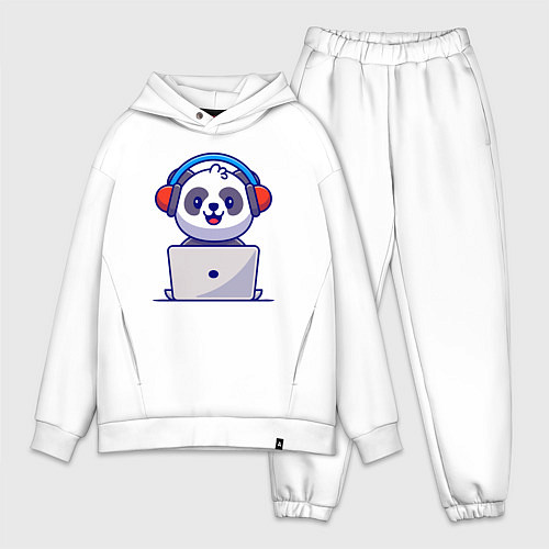 Мужской костюм оверсайз Панда за ноутбуком / Белый – фото 1