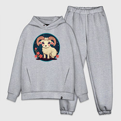 Мужской костюм оверсайз Барашек знак зодиака Овен на фоне цветов, цвет: меланж