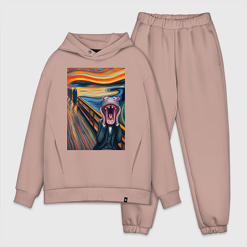 Мужской костюм оверсайз Бегемот кричит - мем живопись от нейросети / Пыльно-розовый – фото 1