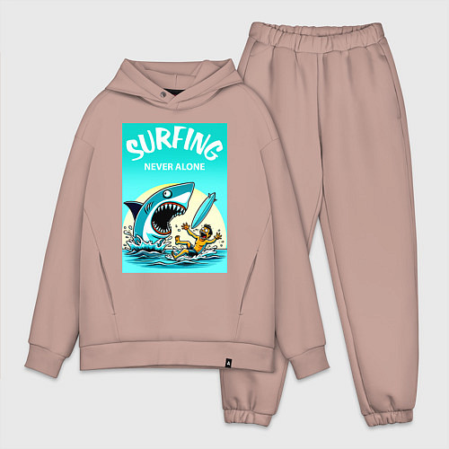 Мужской костюм оверсайз Surfing never alone - shark and surfer / Пыльно-розовый – фото 1