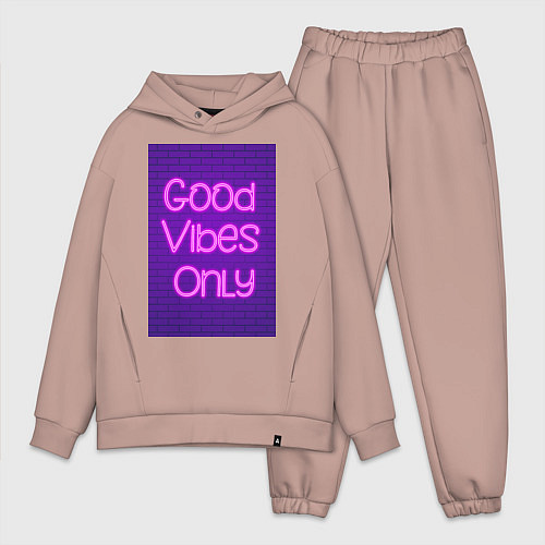 Мужской костюм оверсайз Неоновая надпись good vibes only и кирпичная стена / Пыльно-розовый – фото 1