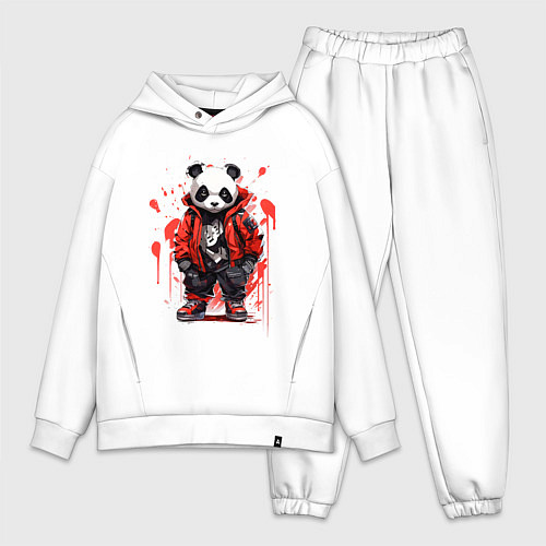Мужской костюм оверсайз Модная панда в красной куртке / Белый – фото 1