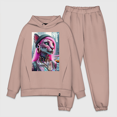 Мужской костюм оверсайз Панк девушка-леопард в татухах в Нью-Йорке / Пыльно-розовый – фото 1