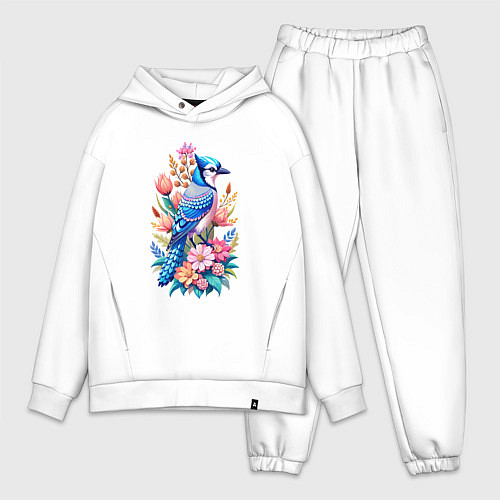 Мужской костюм оверсайз Голубая сойка среди цветов / Белый – фото 1