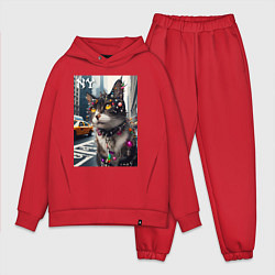 Мужской костюм оверсайз Пирсинг Нью-Йоркского кота - нейросеть, цвет: красный