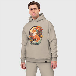 Мужской костюм оверсайз Лиса в японском стиле на фоне гор, цвет: миндальный — фото 2