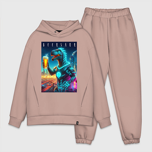 Мужской костюм оверсайз Дино с кружкой пива в Мегаполисе - нейроарт / Пыльно-розовый – фото 1