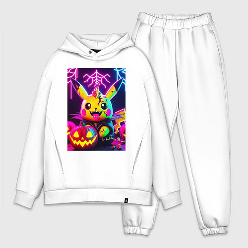 Мужской костюм оверсайз Зомби Пикачу с тыквой - неоновое свечение / Белый – фото 1