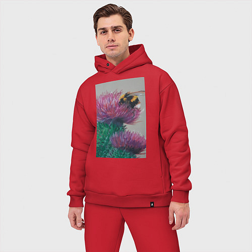 Мужской костюм оверсайз Мохнатый шмель на кактусе - живопись / Красный – фото 3