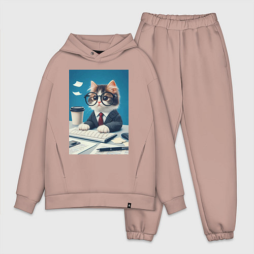 Мужской костюм оверсайз Котёнок офисный планктон - нейроарт / Пыльно-розовый – фото 1