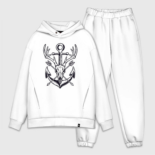 Мужской костюм оверсайз Череп оленя и якорь / Белый – фото 1