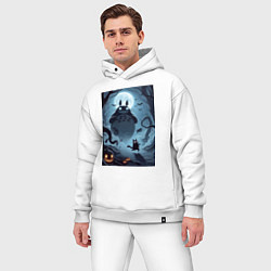 Мужской костюм оверсайз Тоторо и бегущий чёрный кот - хэллоуин, цвет: белый — фото 2