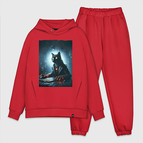 Мужской костюм оверсайз Кибер кот за компьютером - неоновое свечение / Красный – фото 1