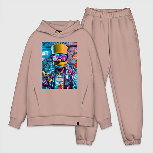 Мужской костюм оверсайз Неоновый Барт Симпсон на фоне стены с граффити / Пыльно-розовый – фото 1