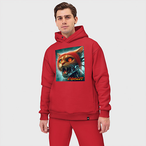 Мужской костюм оверсайз Super cyber red cat - ai art fantasy / Красный – фото 3