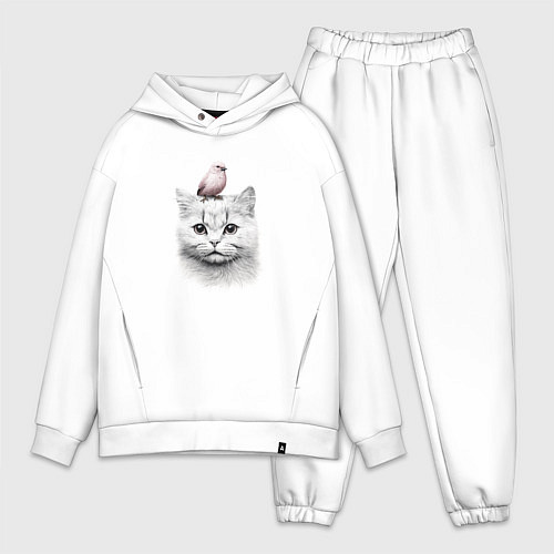 Мужской костюм оверсайз Котик с птичкой / Белый – фото 1