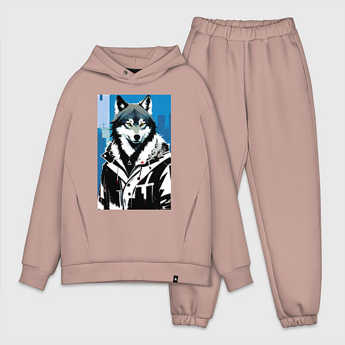 Мужской костюм оверсайз Волк в мегаполисе - нейроарт / Пыльно-розовый – фото 1