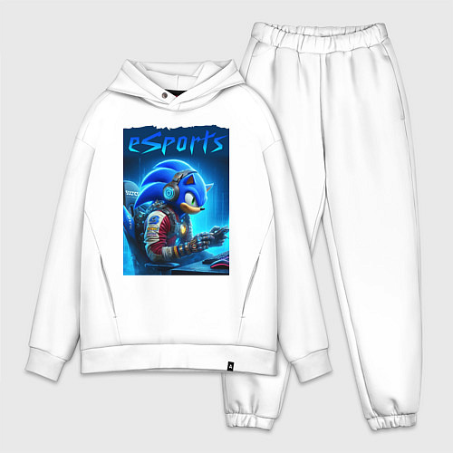 Мужской костюм оверсайз Hedgehog Sonic is esports player - neon glow / Белый – фото 1
