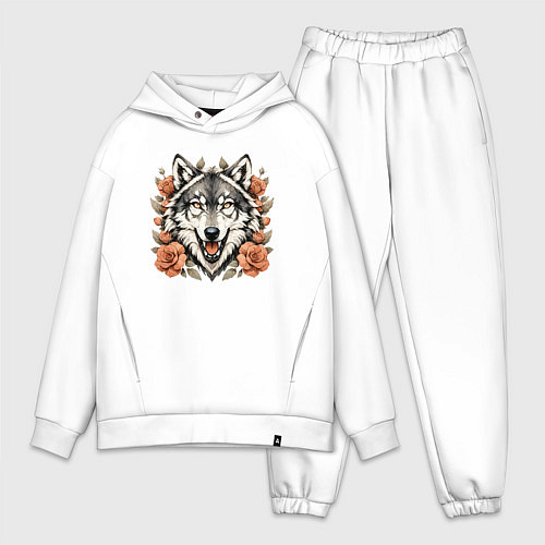 Мужской костюм оверсайз Голова волка в цветах / Белый – фото 1