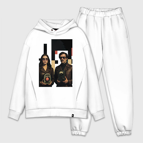 Мужской костюм оверсайз Мужчина и женщина с гаджетами поп-арт ретро-футури / Белый – фото 1