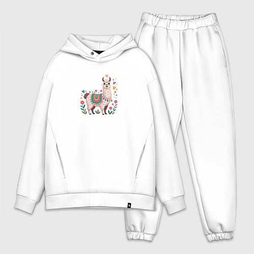 Мужской костюм оверсайз Лама с сердечками и цветами / Белый – фото 1