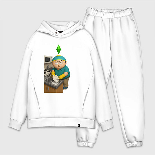 Мужской костюм оверсайз Эрик картман моет посуду в Sims / Белый – фото 1