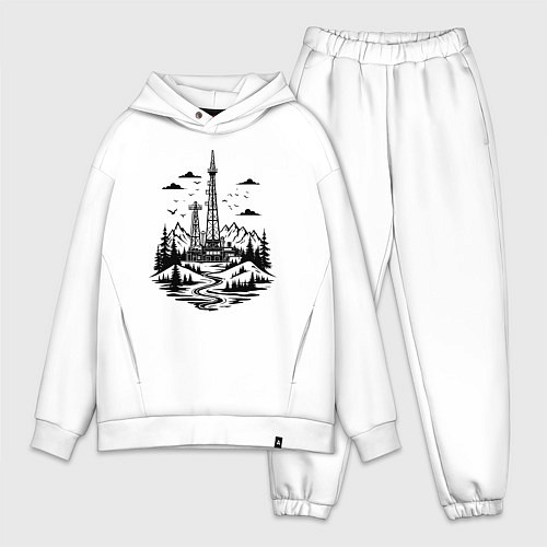 Мужской костюм оверсайз Нефтяная вышка в горах / Белый – фото 1