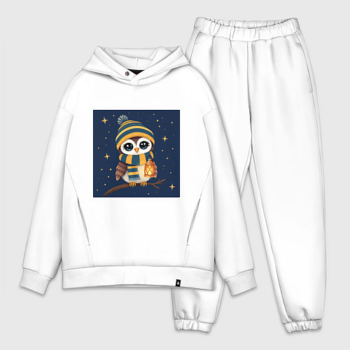 Мужской костюм оверсайз Сова в шапке и шарфе с фонарём / Белый – фото 1