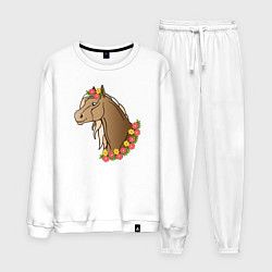Костюм хлопковый мужской Лошадь в цветах, цвет: белый