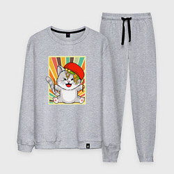 Костюм хлопковый мужской Cat Eating Ramen, цвет: меланж