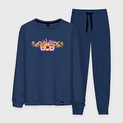 Костюм хлопковый мужской Цветы Разноцветные Гибискус и Ирисы, цвет: тёмно-синий