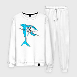 Костюм хлопковый мужской Акула играет в бильярд, цвет: белый