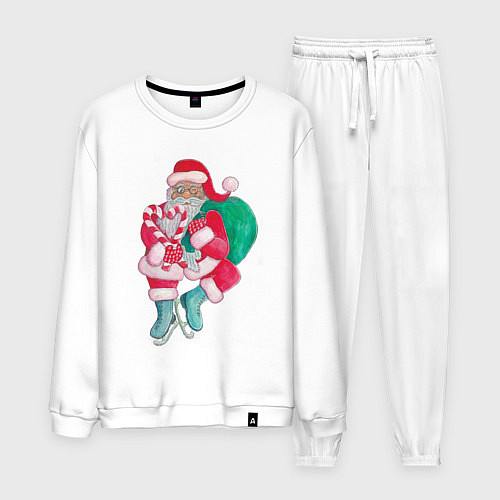 Мужской костюм Санта Клаус с мешком подарков на коньках / Белый – фото 1
