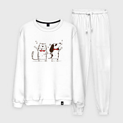 Костюм хлопковый мужской Кот и пёс поют, цвет: белый