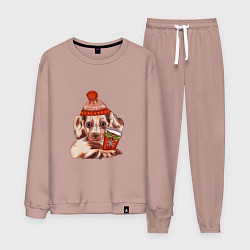 Костюм хлопковый мужской Щенок в зимней шапке и с кофе, цвет: пыльно-розовый