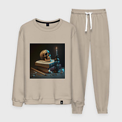 Костюм хлопковый мужской Уроки вечности - череп на книгах, цвет: миндальный