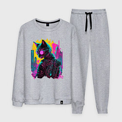 Костюм хлопковый мужской Киберпанк кот в очках, цвет: меланж