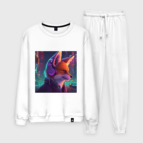 Мужской костюм Лис в наушниках на фоне киберпанк-города / Белый – фото 1