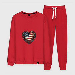 Костюм хлопковый мужской Сердце с цветами флаг США, цвет: красный