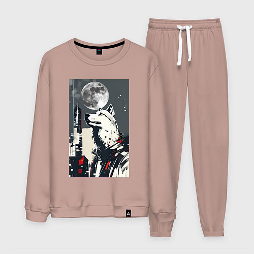Мужской костюм Волк на фоне луны - мегаполис - нейросеть / Пыльно-розовый – фото 1
