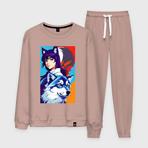 Мужской костюм Девочка-волчонок и волк - аниме - нейросеть / Пыльно-розовый – фото 1