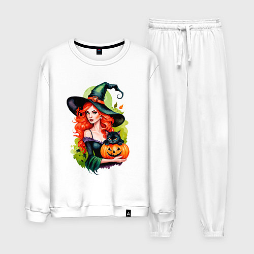 Мужской костюм Рыжая ведьма с тыквой и черным котом / Белый – фото 1