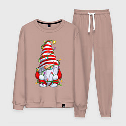 Костюм хлопковый мужской Новогодний гном с гирляндой, цвет: пыльно-розовый