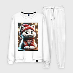 Костюм хлопковый мужской Котик в новогоднем свитере, цвет: белый