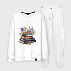 Костюм хлопковый мужской Стопка книг с полевыми цветами, цвет: белый