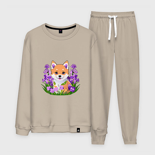 Мужской костюм Щенок Сибу-ину среди сиреневых цветов / Миндальный – фото 1