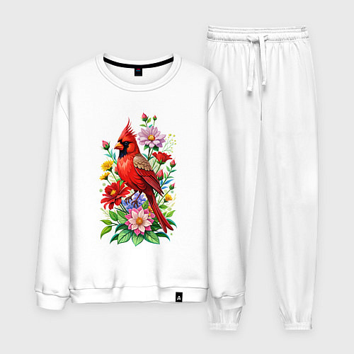 Мужской костюм Птица красный кардинал среди цветов / Белый – фото 1