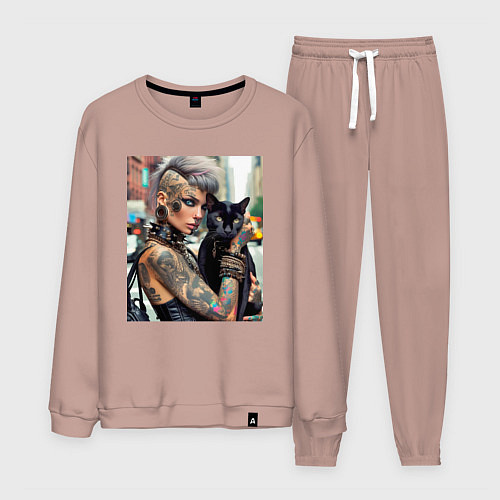 Мужской костюм Девчонка панк в татухах с чёрным котом - нейросеть / Пыльно-розовый – фото 1