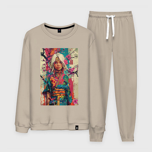 Мужской костюм Белокурая индейская девушка в японском кимоно - жи / Миндальный – фото 1