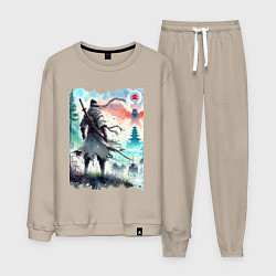 Костюм хлопковый мужской Warrior samurai - ai art watercolor, цвет: миндальный